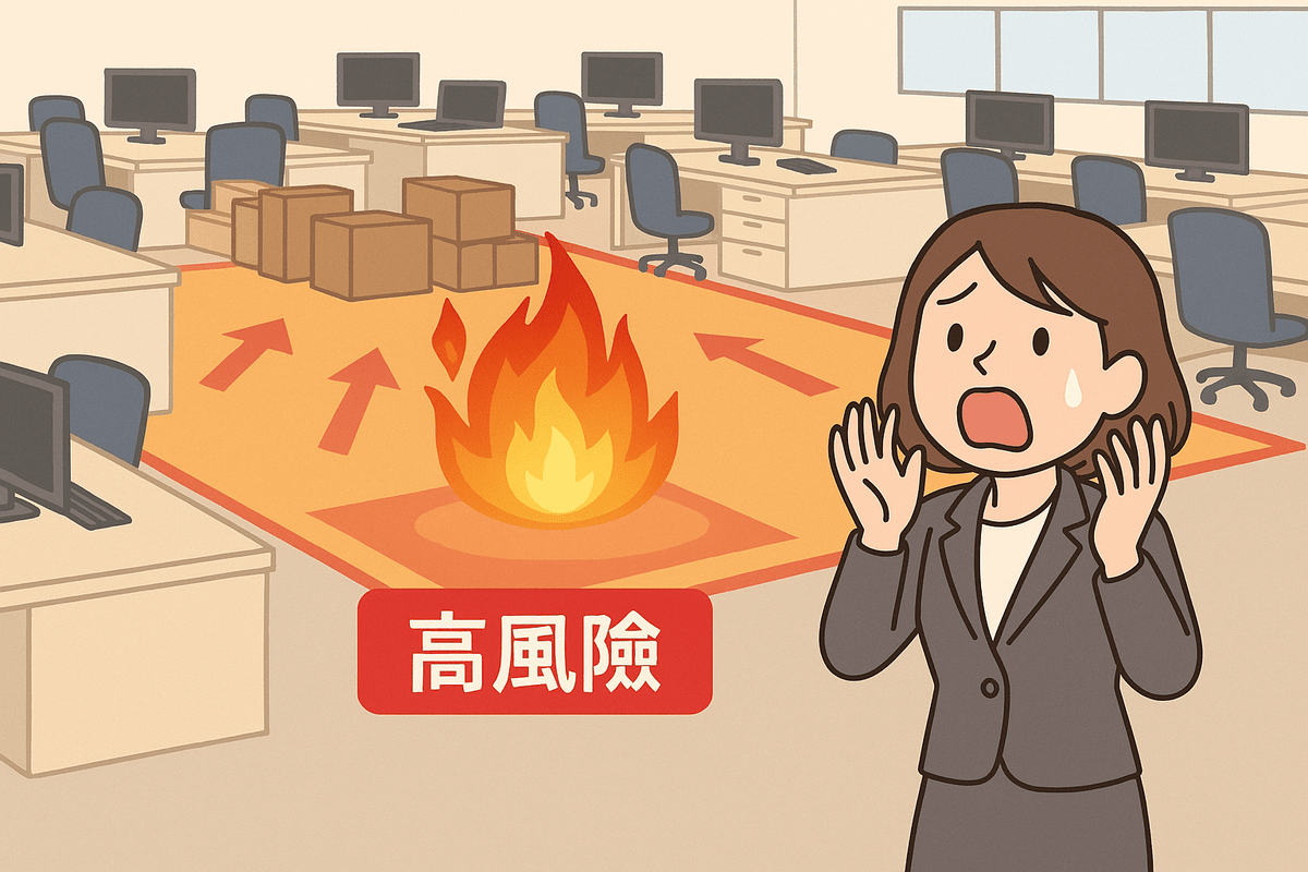開放式辦公室內大量辦公桌、紙箱與電腦設備，標示出一旦起火容易迅速發展為閃燃的區域示意圖