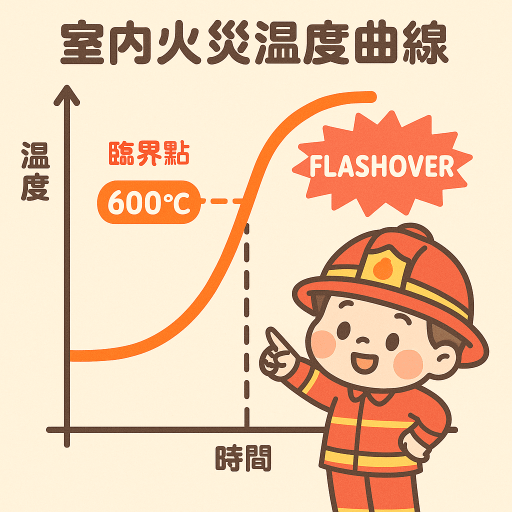 室內火災溫度隨時間上升的曲線中，標出閃燃發生的溫度與臨界點示意圖