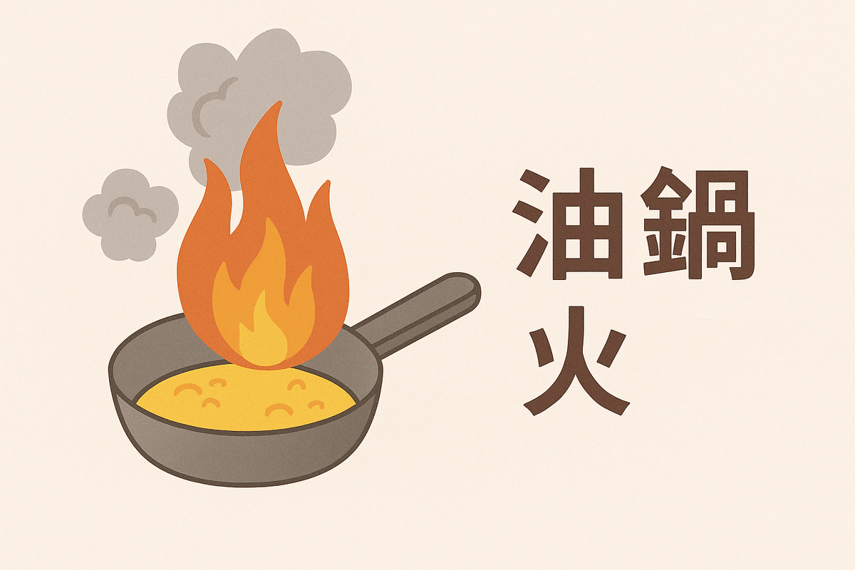 油鍋表面起火，上方有火舌竄出的液體燃燒示意圖。