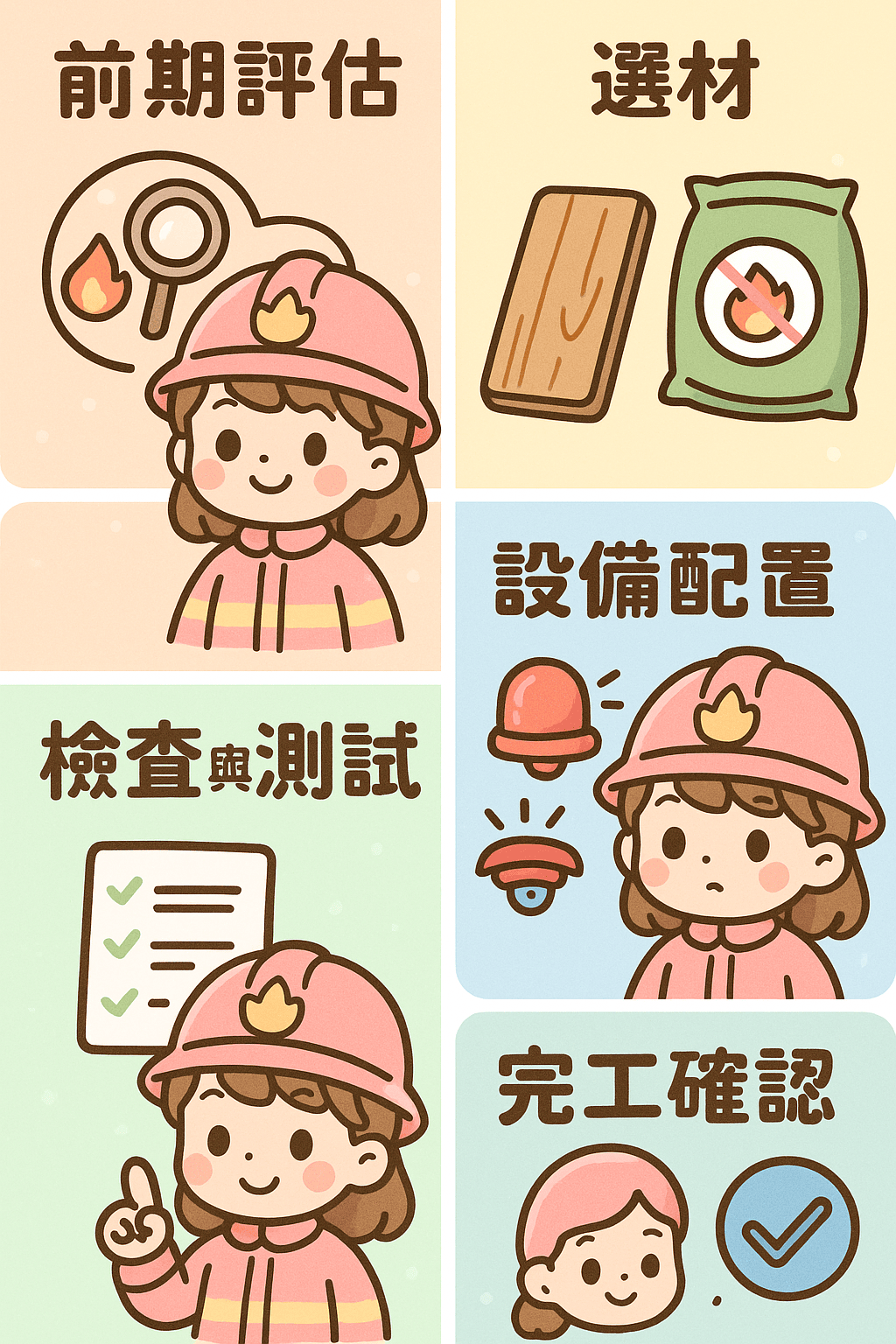 從評估、選材到設備配置，用流程圖呈現預防閃燃的施工步驟示意圖