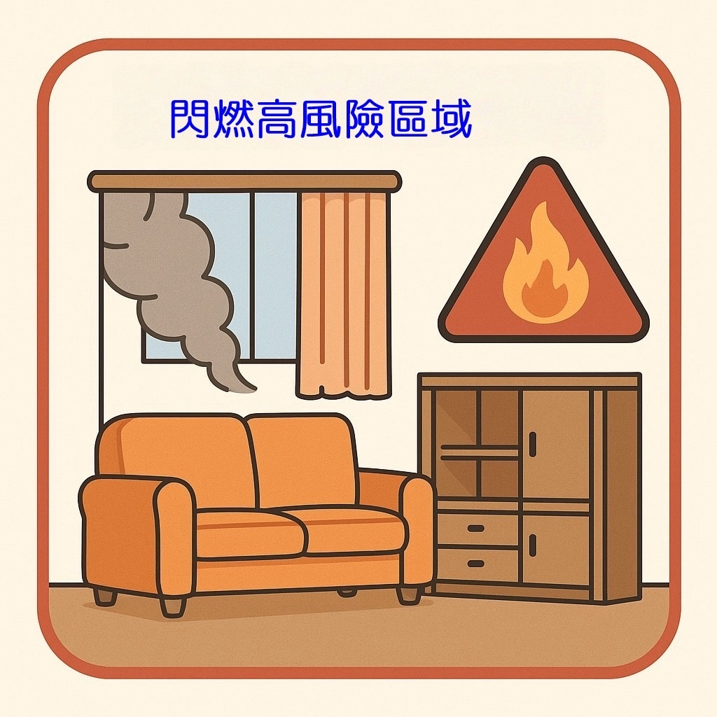 沙發、窗簾與木作櫃體集中的住宅客廳，被標示為容易發生閃燃的高風險區域示意圖