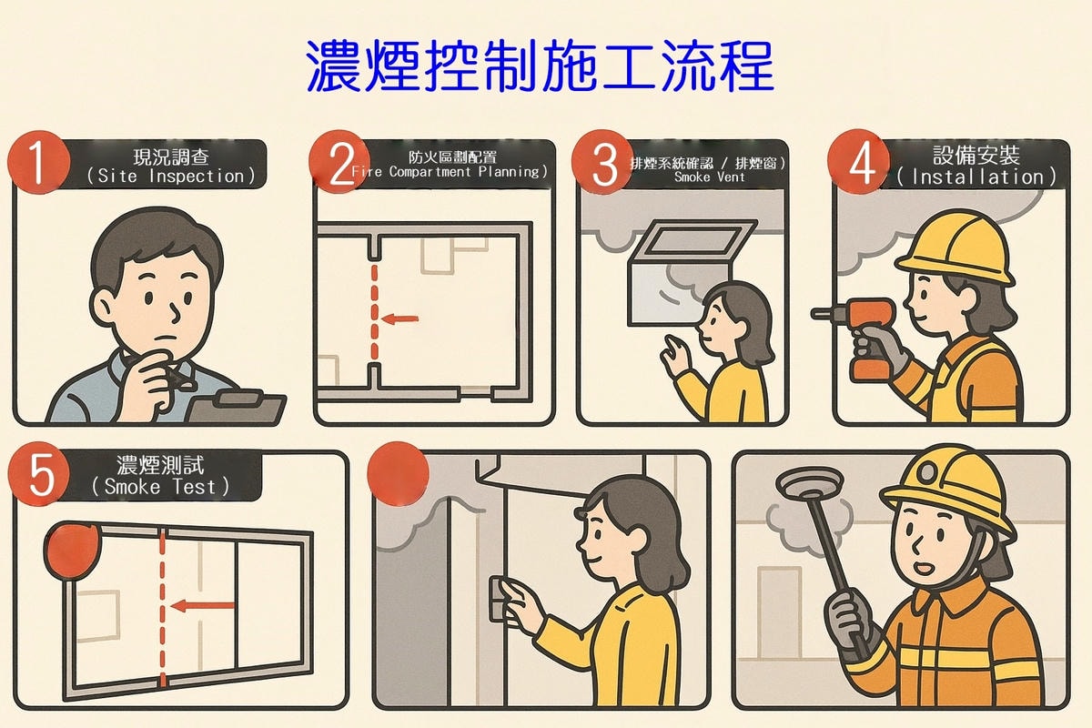 【4-3 濃煙擴散】從一間房燒起，到整棟樓被煙塞滿，了解濃煙怎麼在樓梯間、走廊與天花板下快速流動，學會運用防火門、排煙設備與區劃設計，把「看不到卻最致命」的煙擴散風險降到最低－各類場所消防安全設備設置標準解讀－禾裕室內裝修國際股份有限公司－一般民眾版