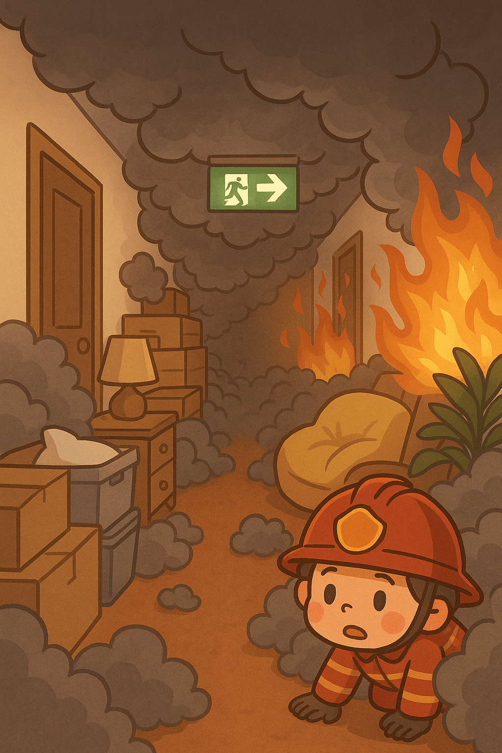 木頭與紙箱表面開始冒煙、逐漸起火的教育示意圖，用來說明固體材料的表面燃燒現象。