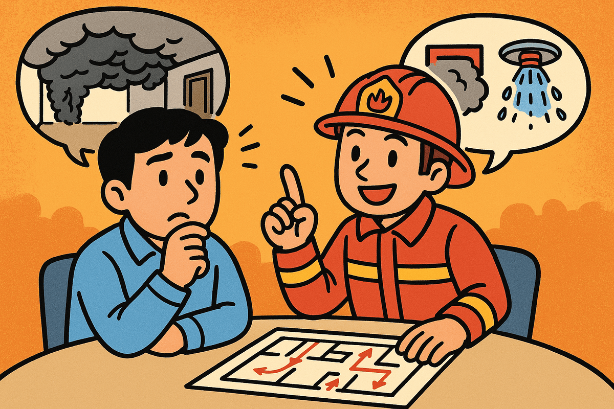 消防專業人員向一般民眾解說何謂閃燃與避難重點的問答情境插圖
