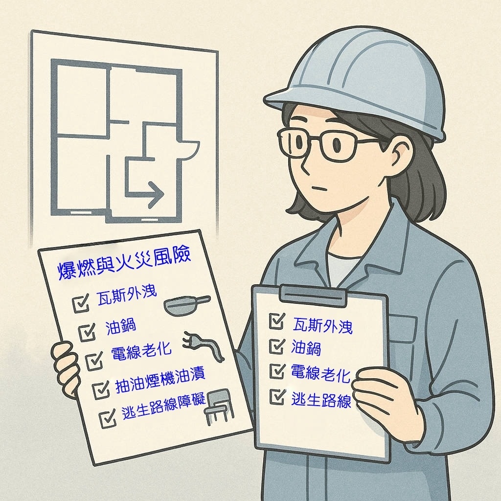 室內設計師手持平面圖與檢查清單，逐項檢查爆燃與火災風險的教學插畫