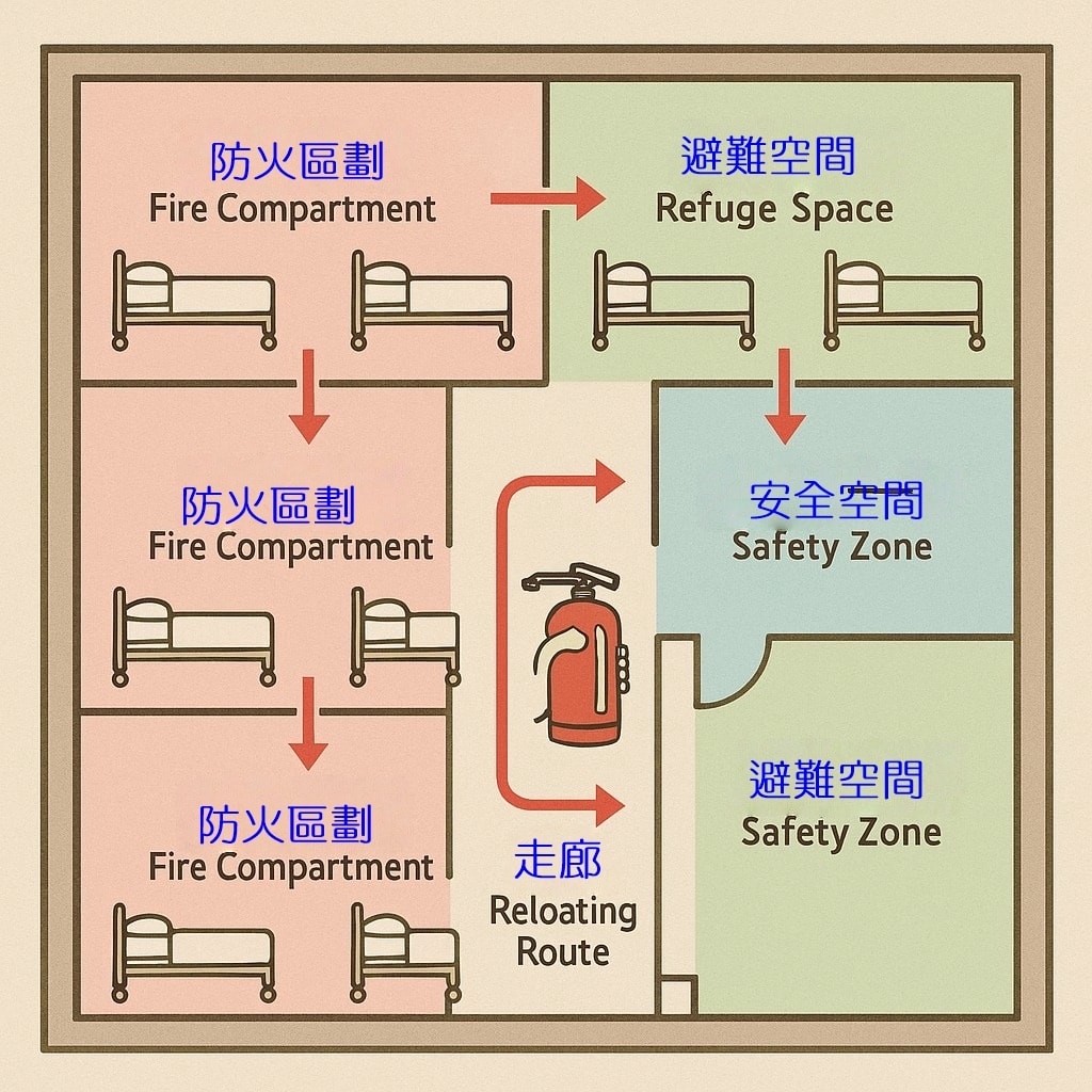 醫療大樓平面分成多個防火區劃與避難空間，標示病床移動路線與安全區的示意圖