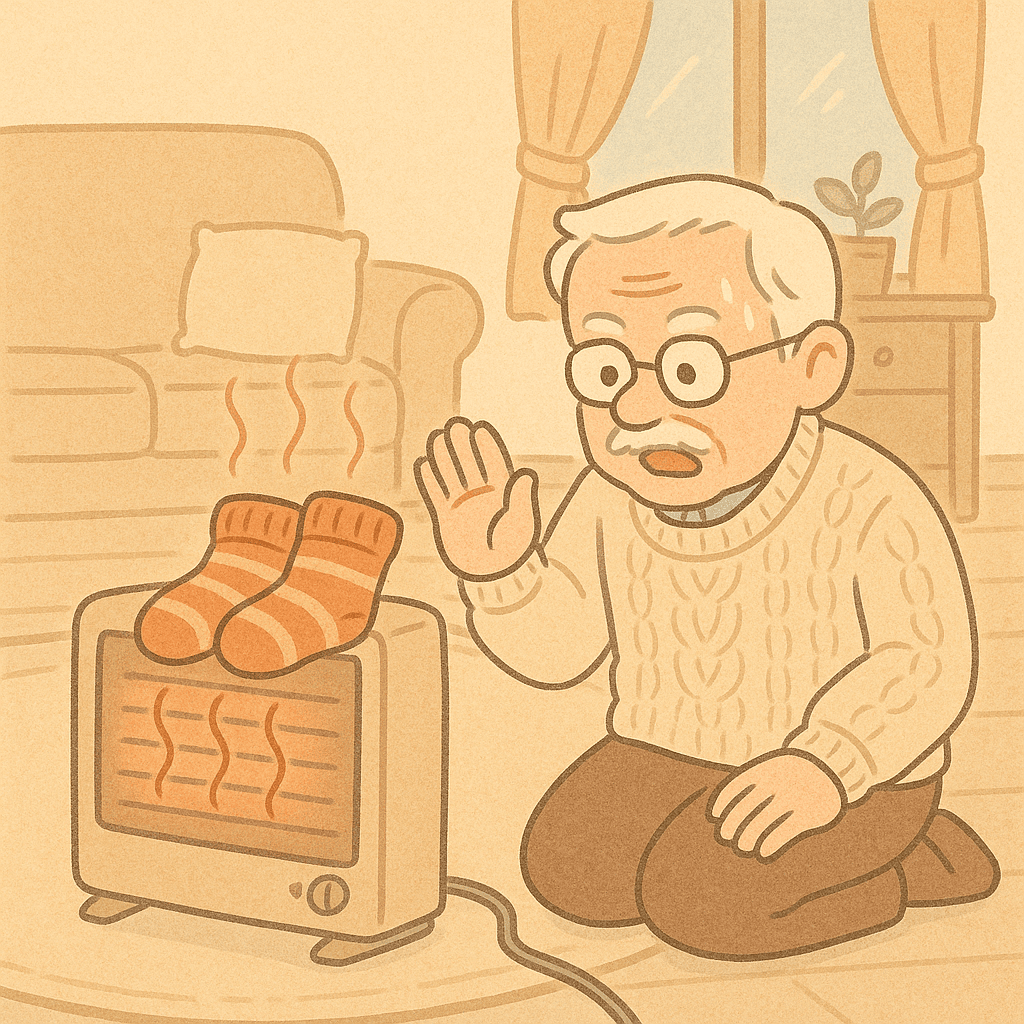 電氣火災預防插畫：電暖器與可燃物保持距離，安全取暖教學
