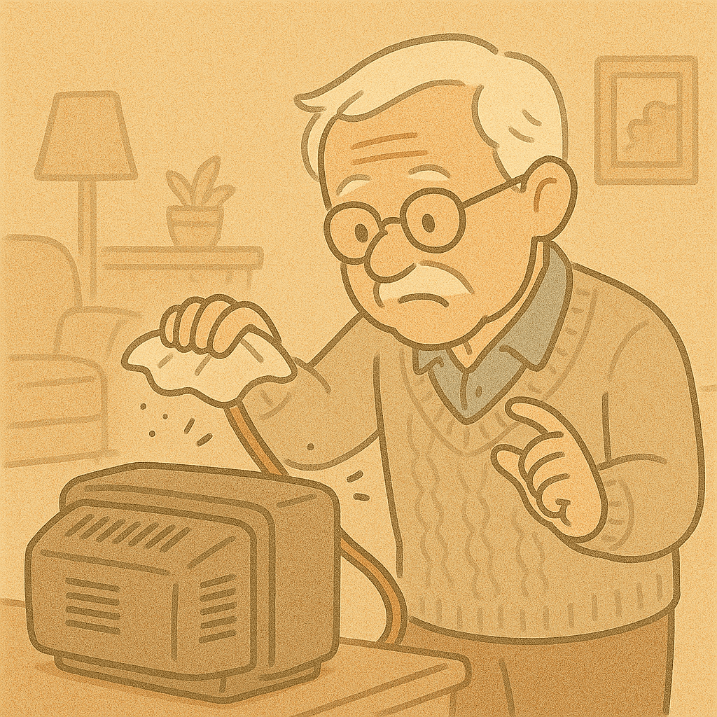 電氣火災預防插畫：白髮爺爺擦拭電器灰塵，避免積塵過熱